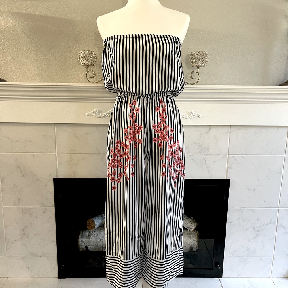 Navy Blue Striped Floral Tube Top Jumpsuit